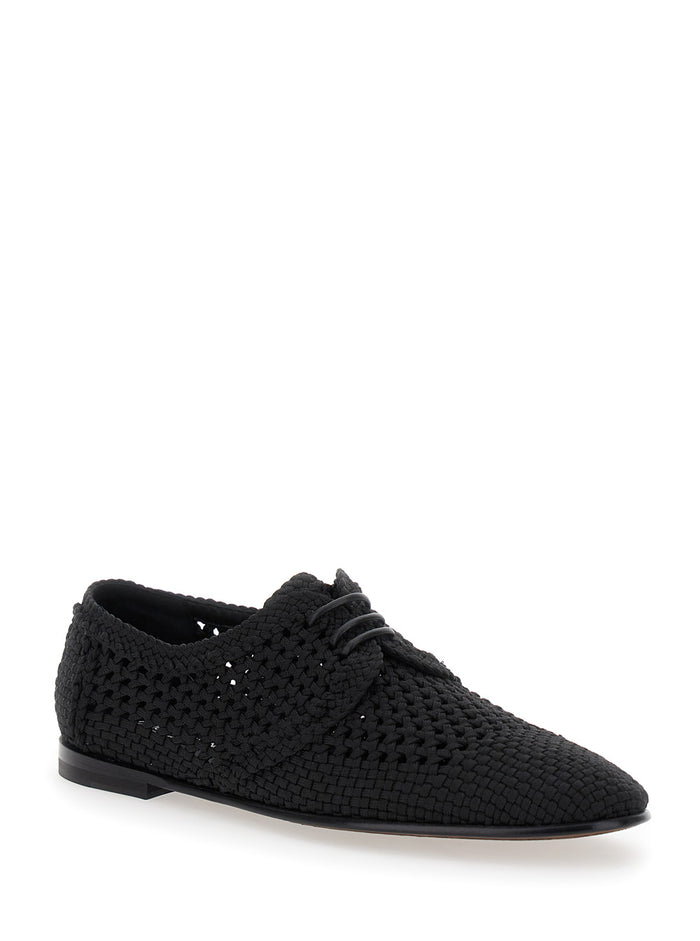 Black Lace-Up Shoes With Woven Design Fabric Man Viscose Lace
