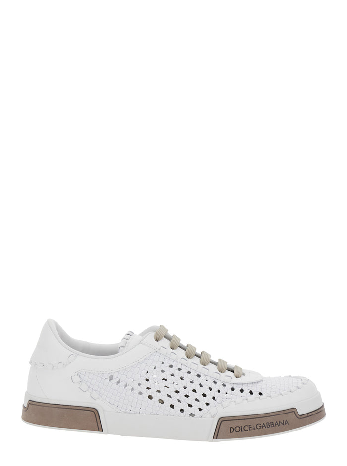 PortofinoWhite Sneakers with Mesh Inserts and Embossed Logo on the Side in Leather Man White Goat Calf