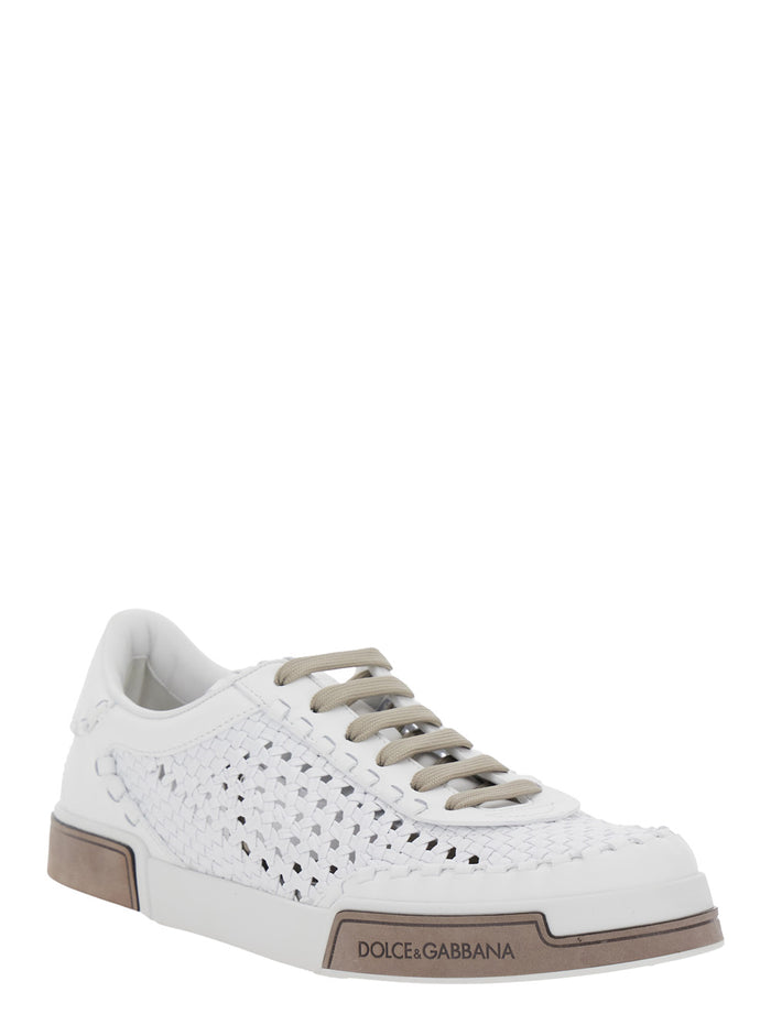 PortofinoWhite Sneakers with Mesh Inserts and Embossed Logo on the Side in Leather Man White Goat Calf