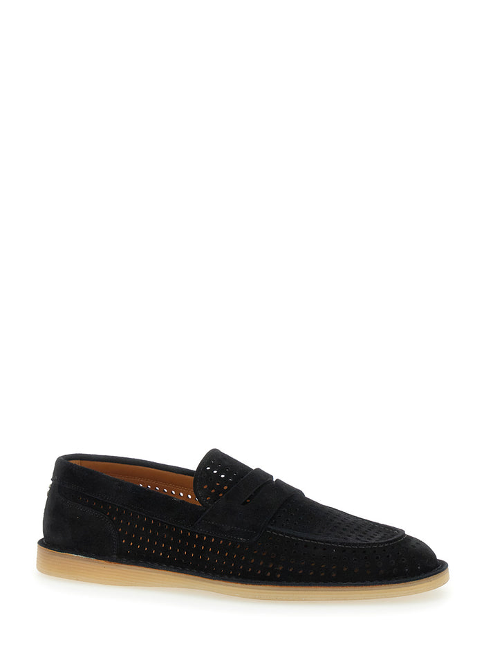 Florio Black Loafers with Logo Detail on the Rear and Penny Slot in Suede Woman Calf