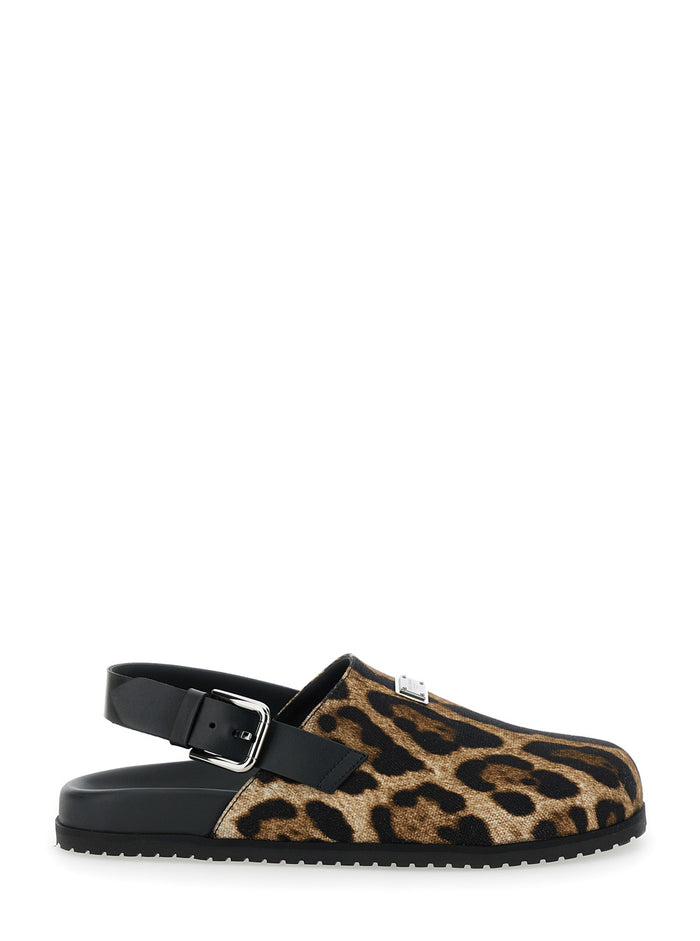 Brown Mules With Logo Plaque On The Front And Leopard Motif Leather Cotton Blend Man Calf Flat Shoes