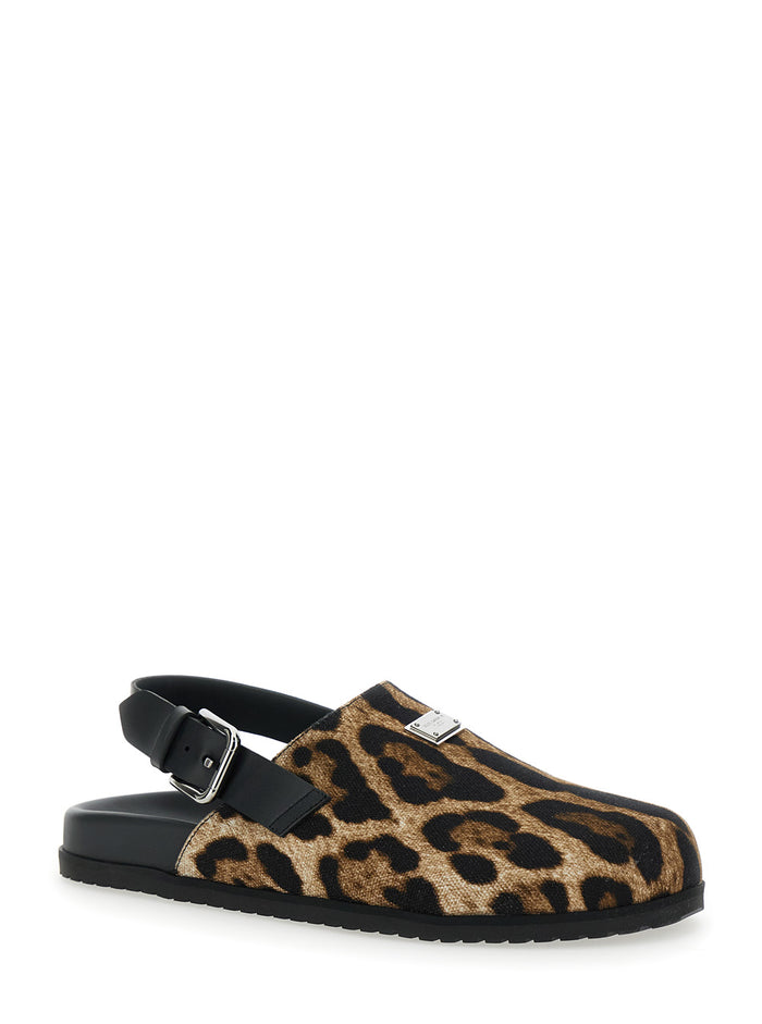 Brown Mules With Logo Plaque On The Front And Leopard Motif Leather Cotton Blend Man Calf Flat Shoes