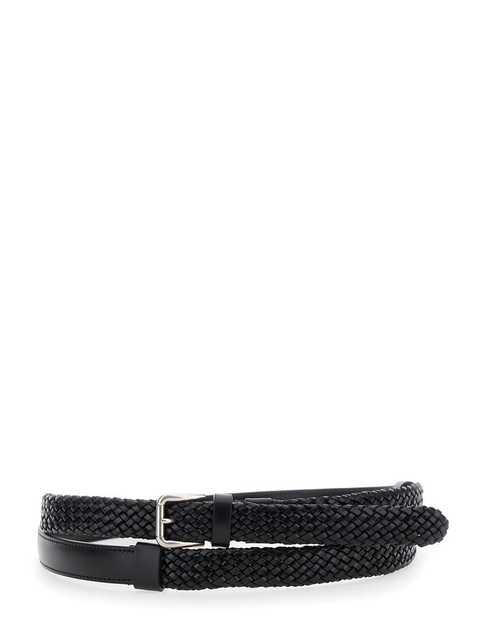 Black Belt with Buckle Closure and Interwoven Design in Leather Man Calf