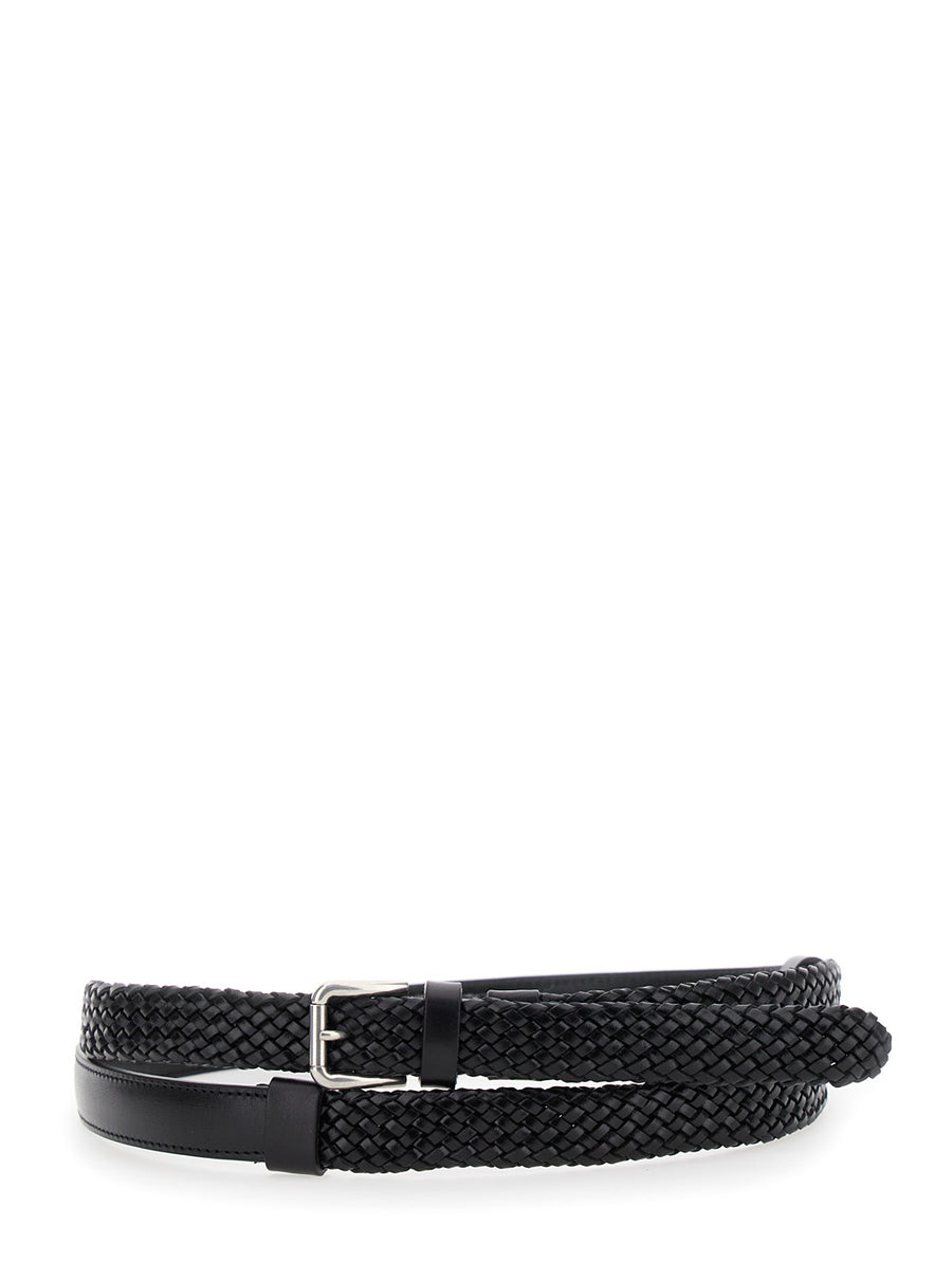 Black Leather Belt With Buckle Closure Calf