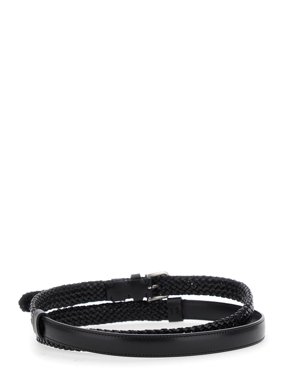 Black Belt with Buckle Closure and Interwoven Design in Leather Man Calf