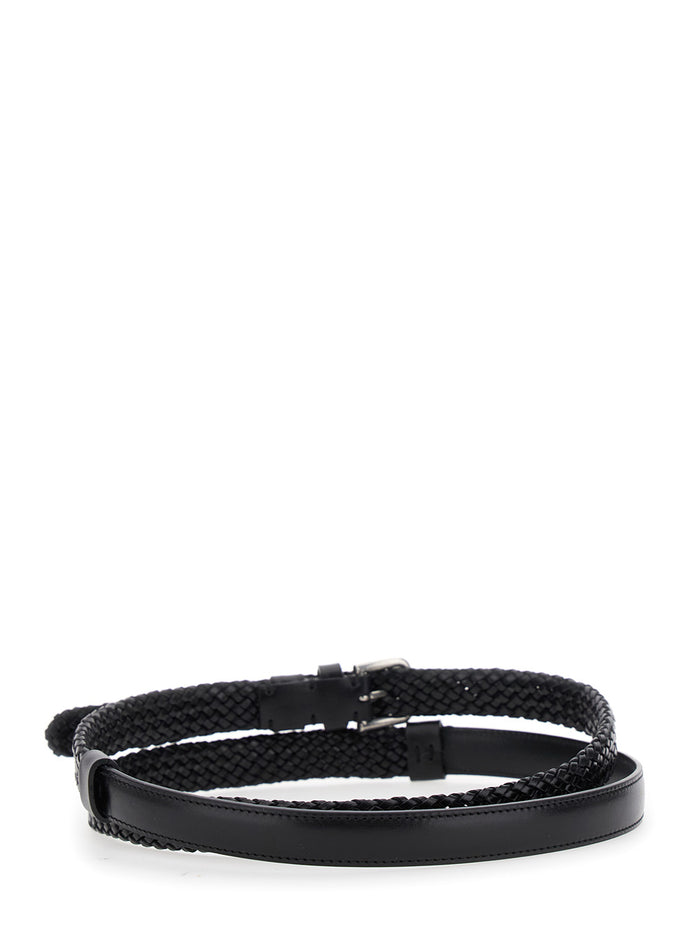 Black Belt with Buckle Closure and Interwoven Design in Leather Man Calf