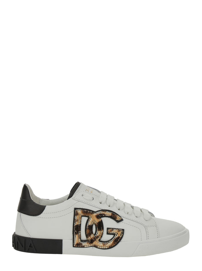 White Low Top Sneaker with Animal-Motif Logo in Leather Woman Calf