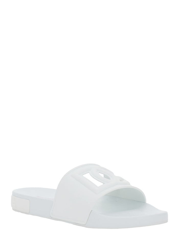 White Sandals With Tonal Logo Lettering On The Rear And Open Toe Rubber Man Flat Shoes