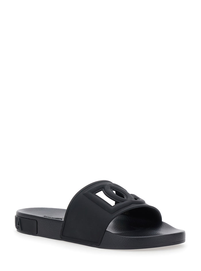 Black Sandals With Tonal Logo Lettering On The Rear And Open Toe Rubber Man Flat Shoes