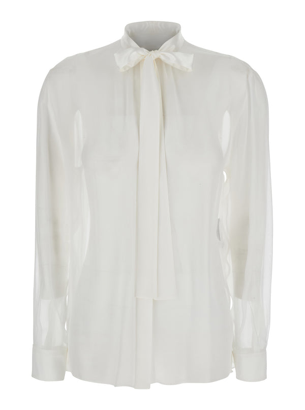 White Silk Shirt With Pussy-Bow Collar Blouses