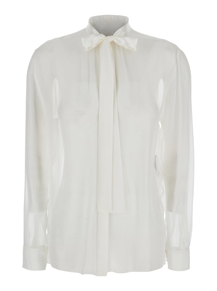 White Shirt with Pussy-Bow Collar in SIlk Woman And Blouses