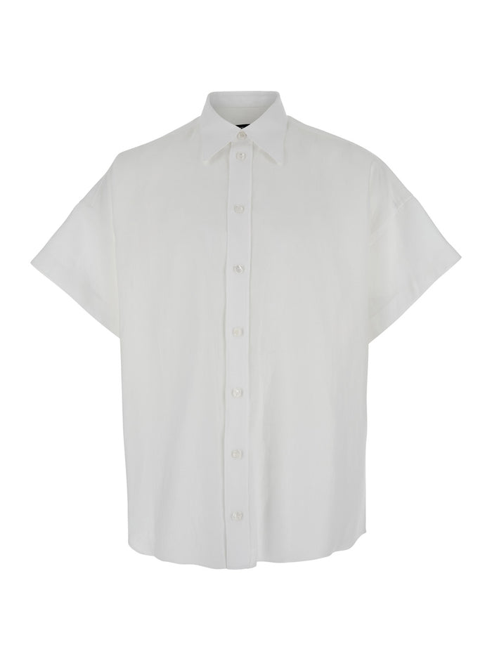 White Shirt with Classic Collar and Wide Short Sleeves in Linen Man Blouses