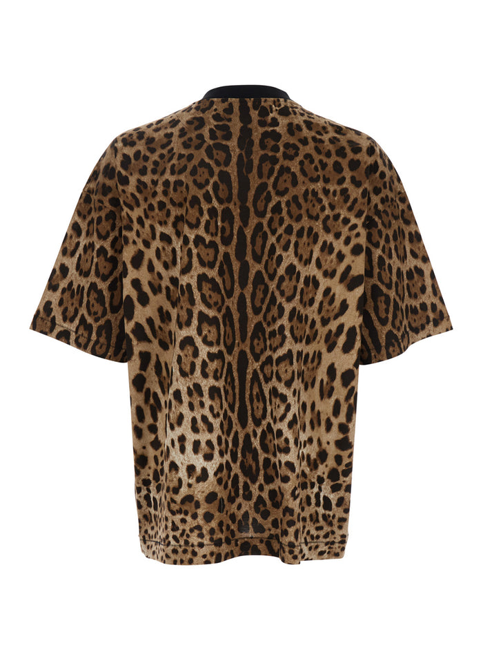 Brown T-Shirt with All-Over Leopard Motif in Cotton Man Tshirts And Polo Shirts