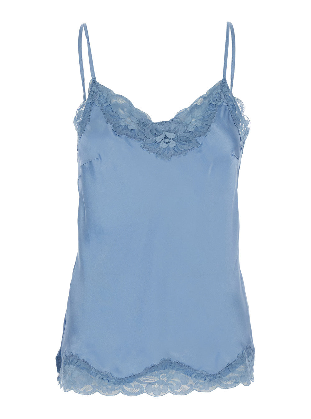Light Blue Sleeveless Top With Adjustable Spaghetti Straps And Floral Emellishment Silk Woman Tops