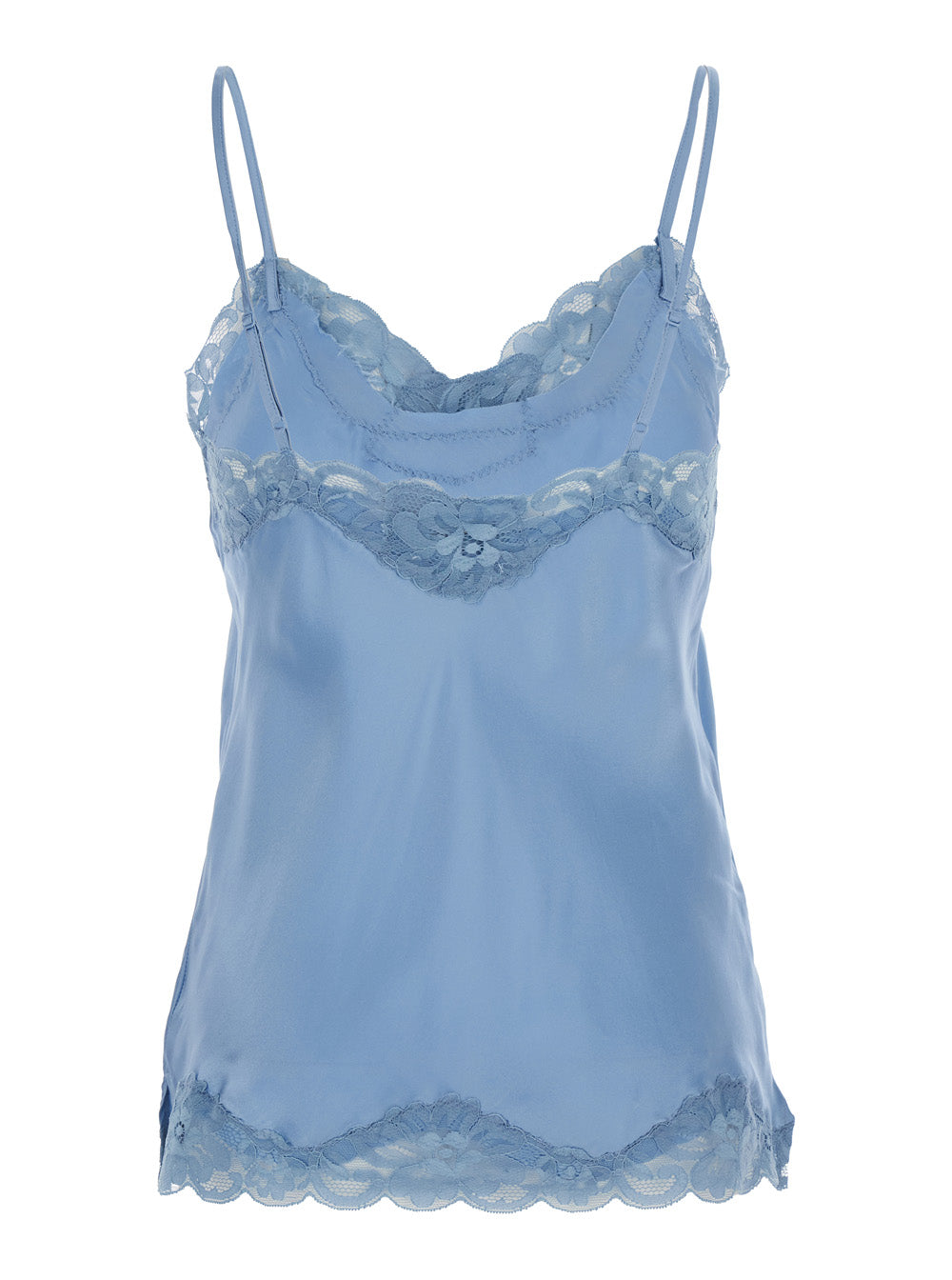 Light Blue Sleeveless Top With Adjustable Spaghetti Straps And Floral Emellishment Silk Woman Tops