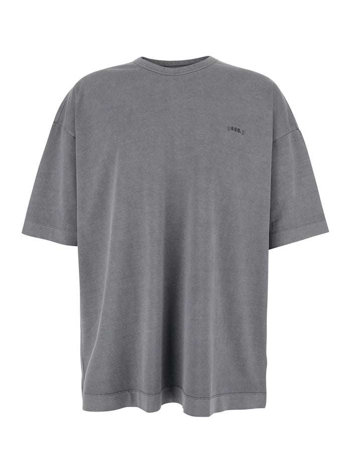 Grey T-Shirt with Logo Embroidered on the Front and Print Back in Cotton Man Tshirts Polo Shirts