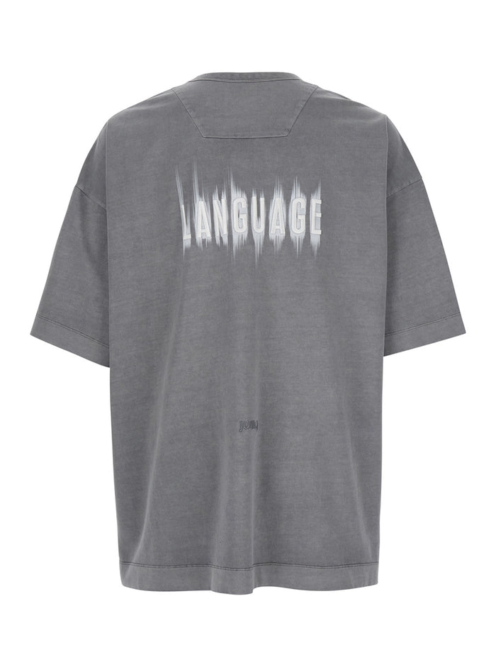 Grey T-Shirt with Logo Embroidered on the Front and Print Back in Cotton Man Tshirts Polo Shirts
