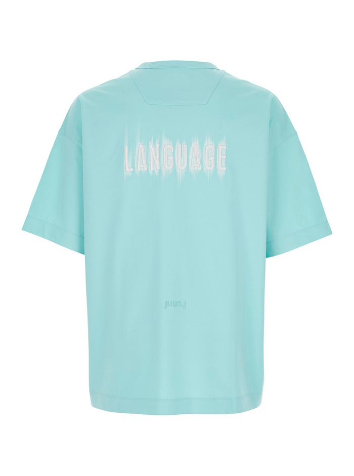Light Blue T-Shirt with Logo Embroidered on the Front and Print Back in Cotton Man Tshirts Polo Shirts