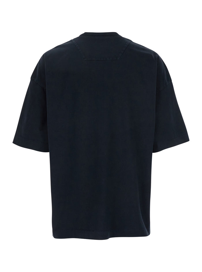 Blue T-Shirt with Logo Embroidered on the Front and Print Back in Cotton Man Blu Tshirts Polo Shirts