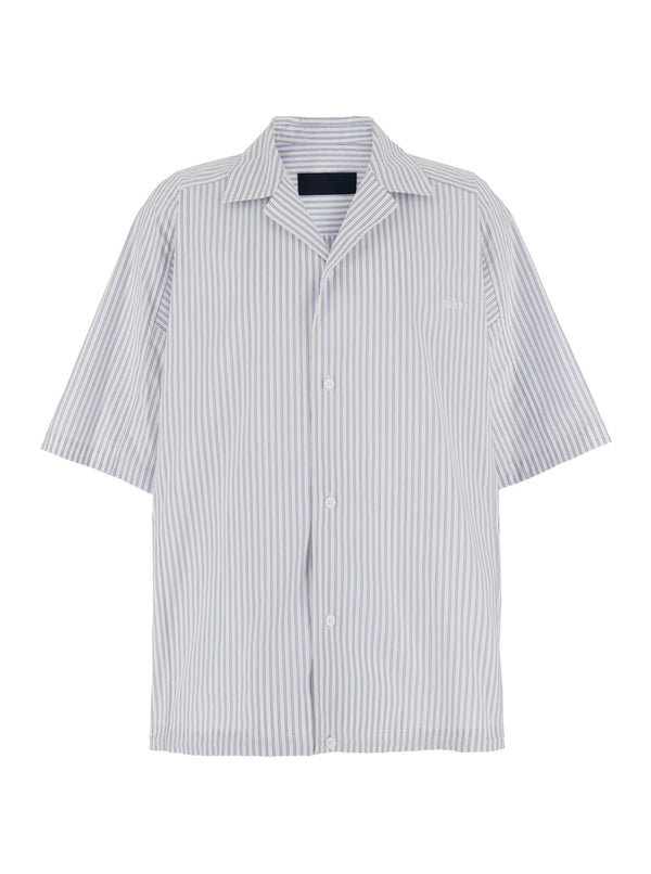 Blue Bowling Shirt With Cuban Collar Light Cotton