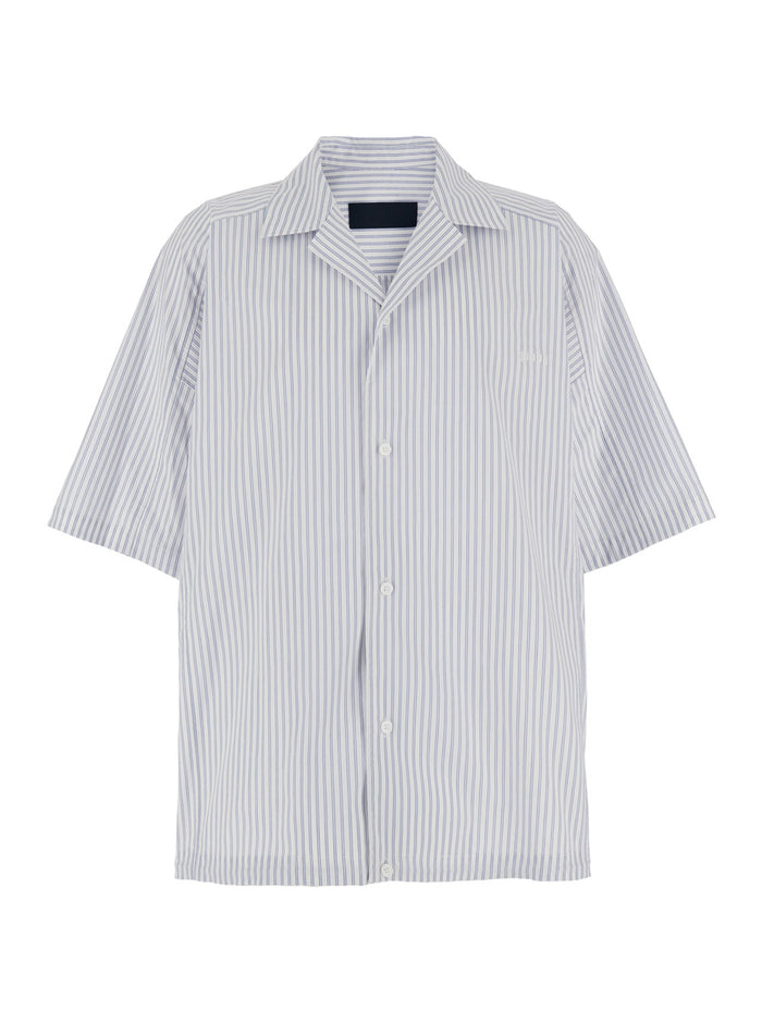 Blue Bowling Shirt with Cuban Collar and All-Over Striped Motif in Cotton Blend Man Light Polyester Blouses