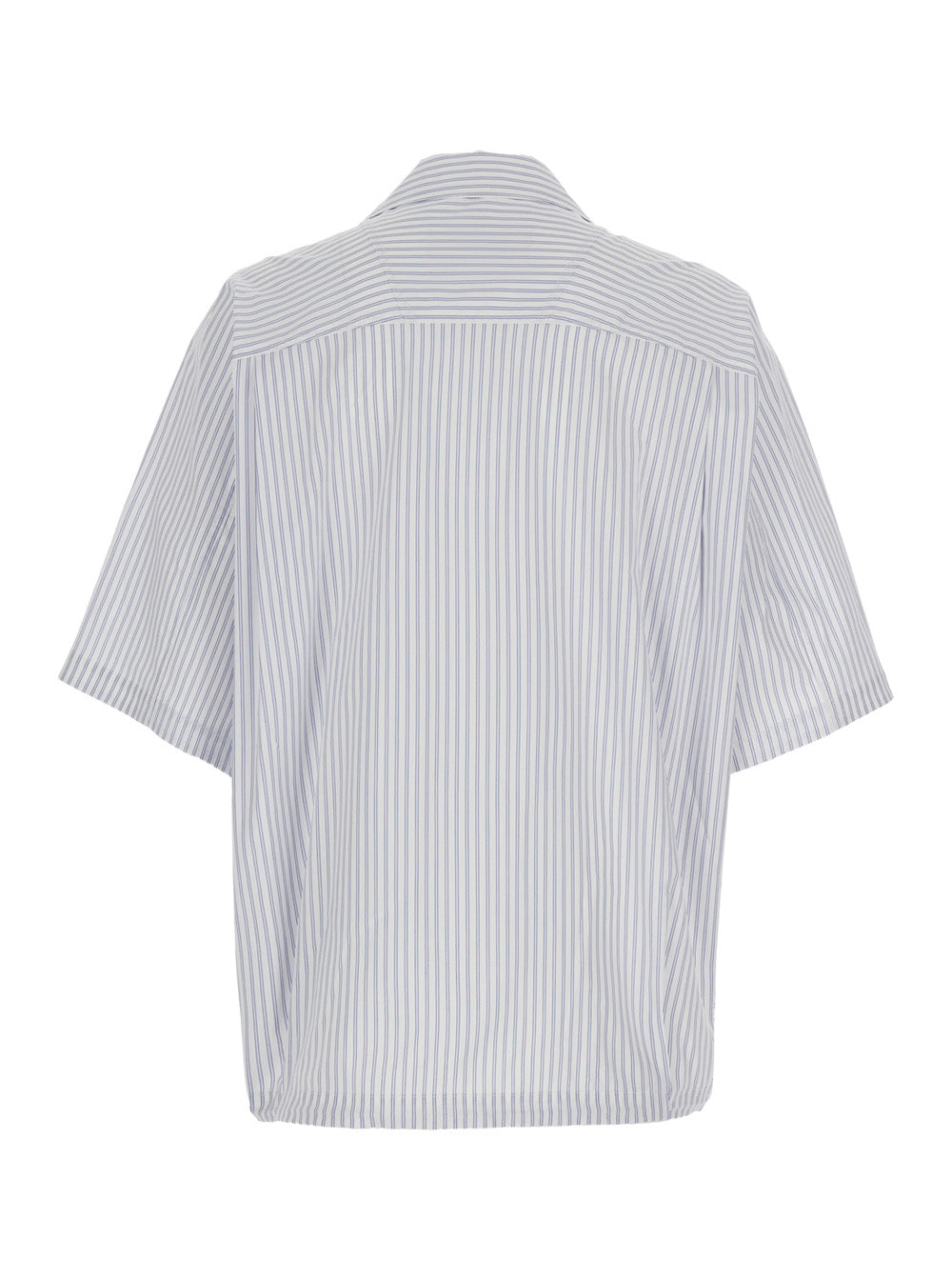 Blue Bowling Shirt with Cuban Collar and All-Over Striped Motif in Cotton Blend Man Light Polyester Blouses