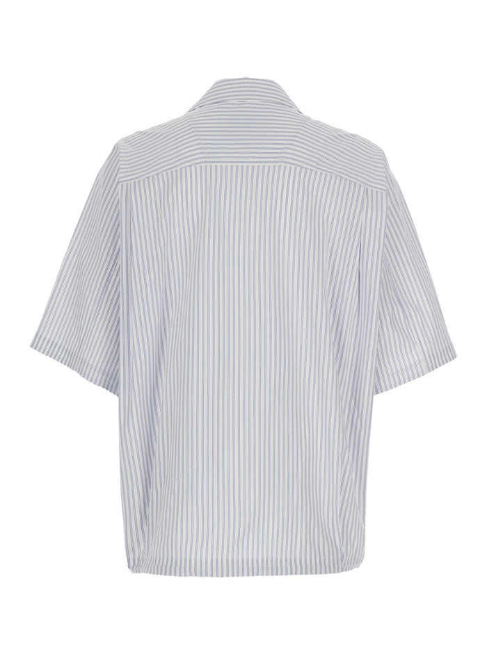Blue Bowling Shirt with Cuban Collar and All-Over Striped Motif in Cotton Blend Man Light Polyester Blouses