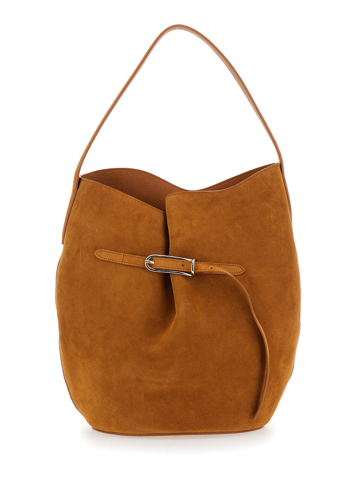 Belted Bucket Brown Shoulder Bag With Belt On The Front Suede Woman