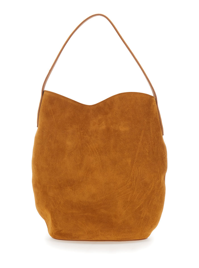 Belted Bucket Brown Shoulder Bag With Belt On The Front Suede Woman