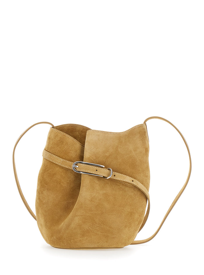 Belted Bucket Beige Crossbody Bag With Belt On The Front Suede Woman