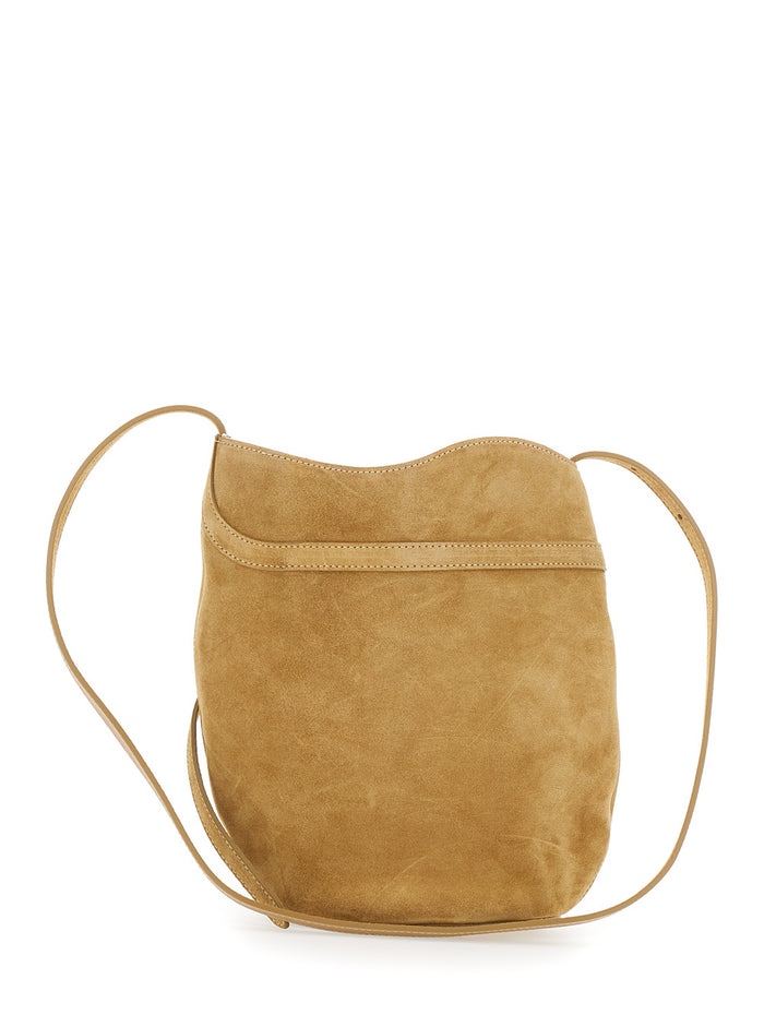 Belted Bucket Beige Crossbody Bag With Belt On The Front Suede Woman