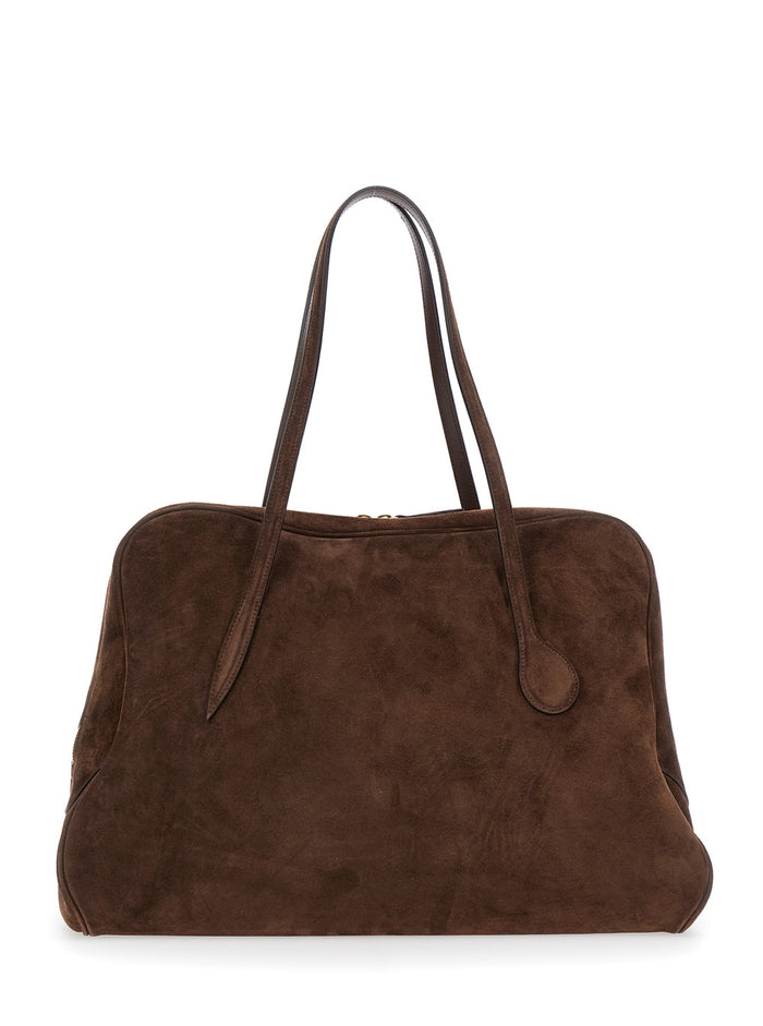 Brown Shoulder Bag With Zip Closure Suede Woman