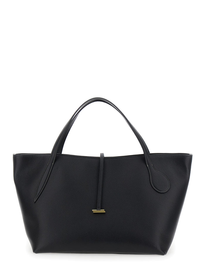 Zip Penne Black Tote Bag With Two Top Handles And Logo Plaque On The Front Leather Woman