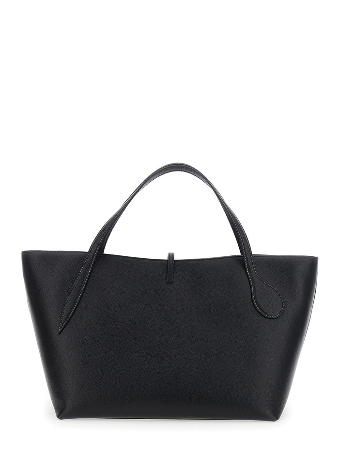 Zip Penne Black Tote Bag With Two Top Handles And Logo Plaque On The Front Leather Woman