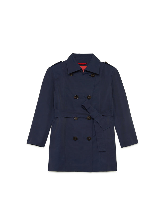 Blue Double-Breasted Trench Coat With Belt Cotton And Nylon Girl Blu
