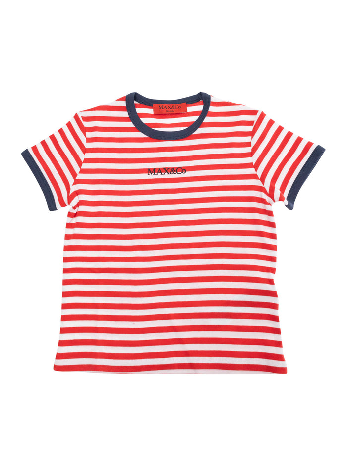 Red T-Shirt With Logo Lettering On The Front And All-Over Striped Motif Cotton Girl Tshirts Polo Shirts