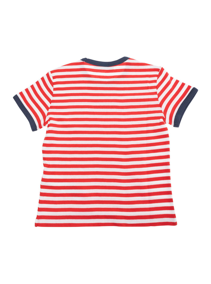 Red T-Shirt With Logo Lettering On The Front And All-Over Striped Motif Cotton Girl Tshirts Polo Shirts