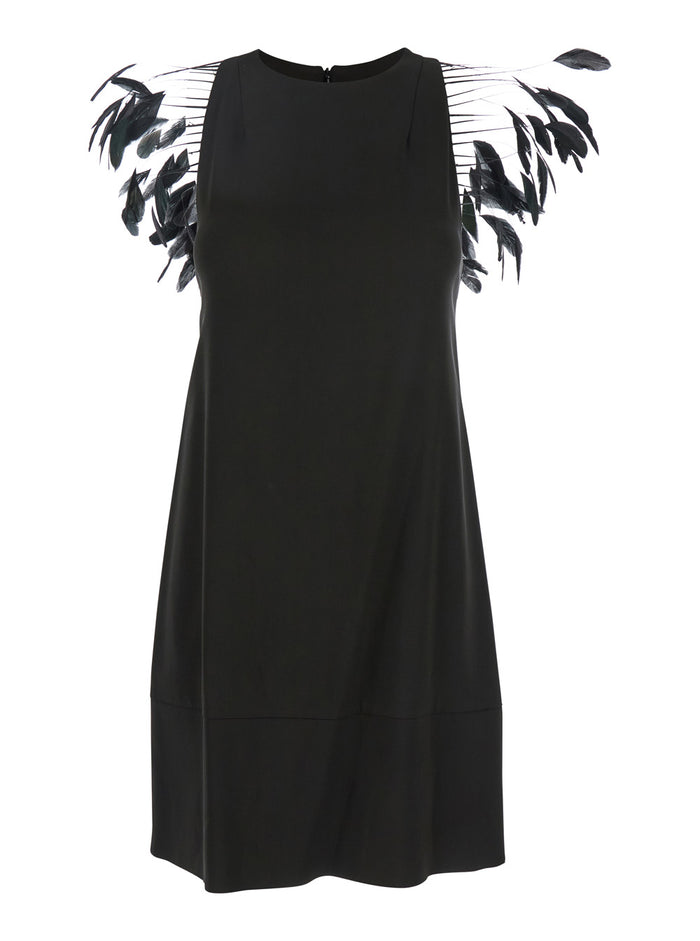 Black Dress With Round Neckline And Feather Decorations Fabric Woman