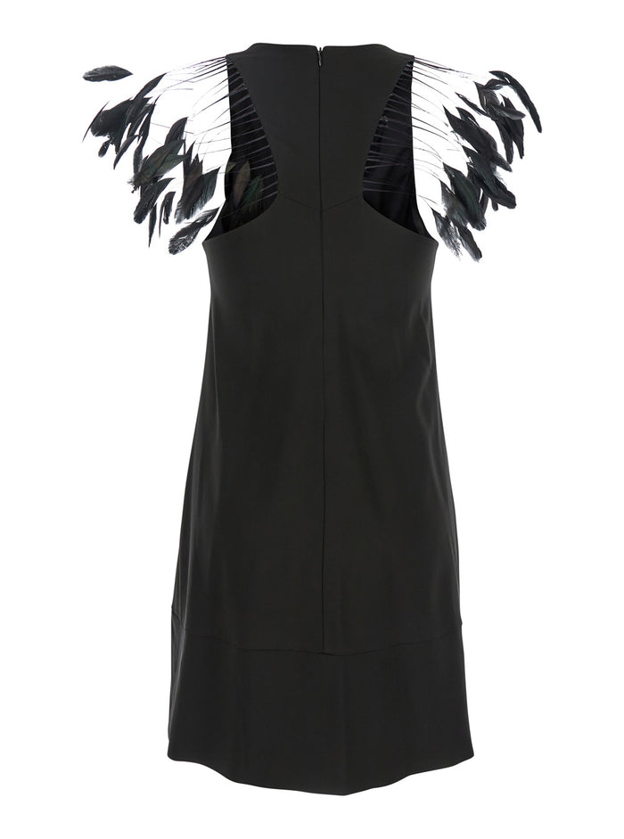 Black Dress With Round Neckline And Feather Decorations Fabric Woman