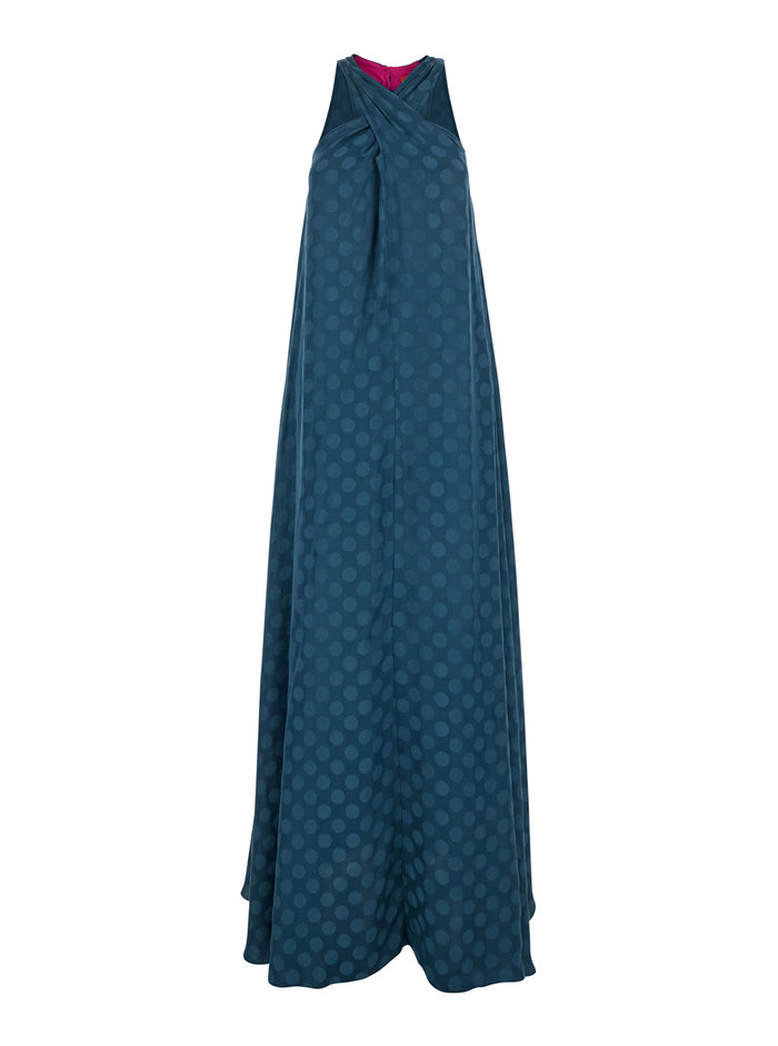 Blue Dress With Neckline On The Front And Polka Dot Motif Fabric Woman Blu Long