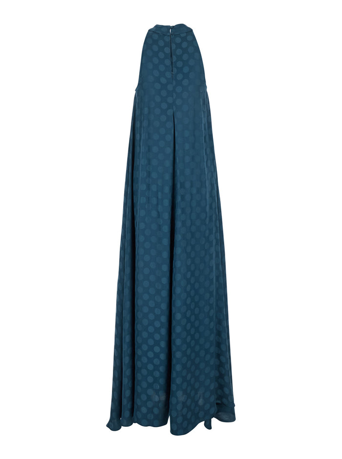 Blue Dress With Neckline On The Front And Polka Dot Motif Fabric Woman Blu Long