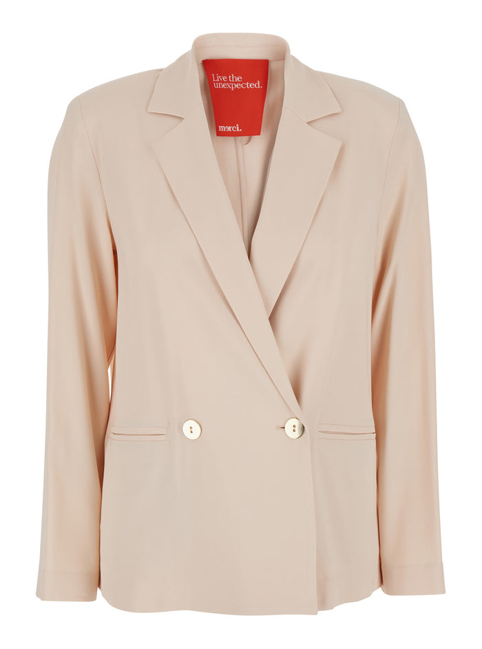 Beige Double-Breasted Jacket With Notched Revers And Rear Single Vent Viscose Blend Woman Elastan Blazers
