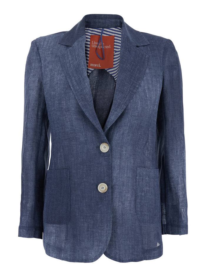 Blue Jacket With Classic Lapels And Front Closure Buttons Fabric Woman Blu Blazers