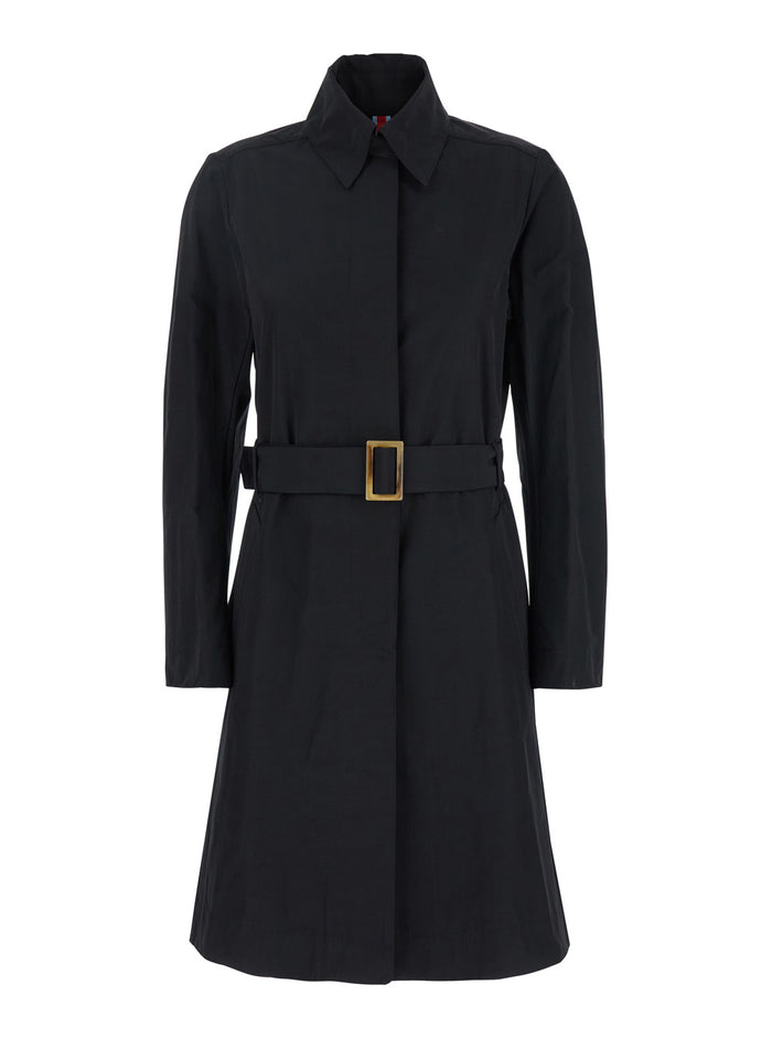Black Trench Coat With Classic Collar And Adjustable Belt Fabric Woman