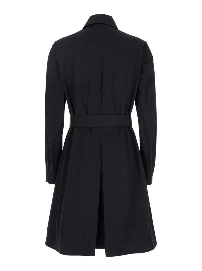 Black Trench Coat With Classic Collar And Adjustable Belt Fabric Woman