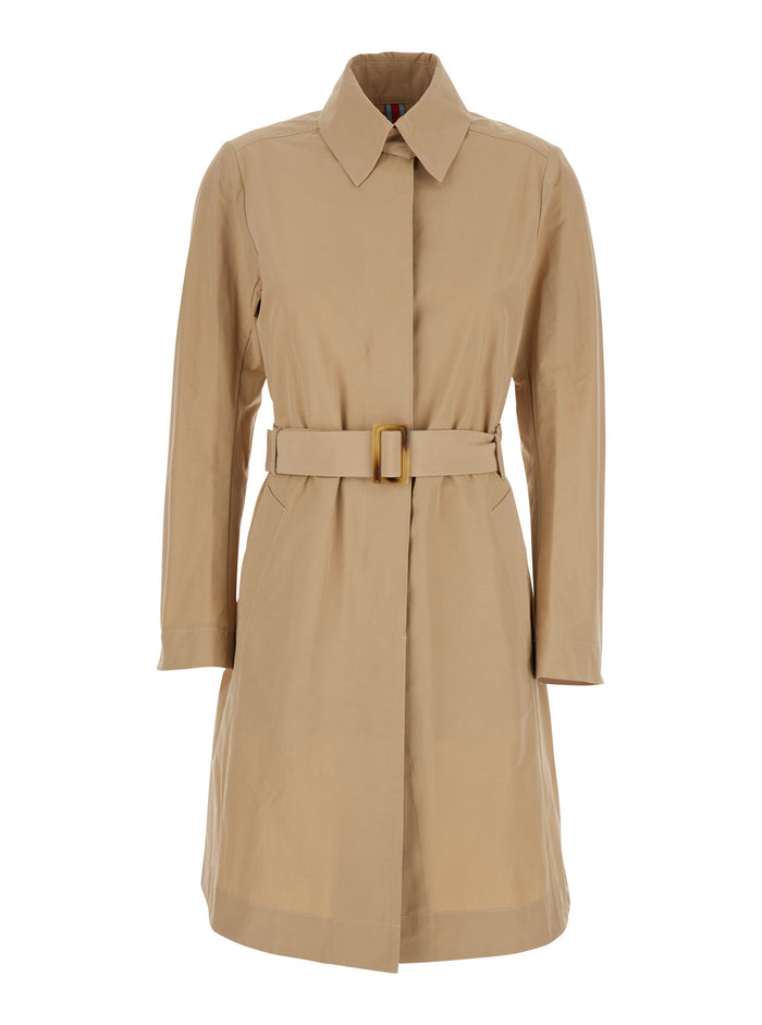 Beige Trench Coat With Classic Collar And Adjustable Belt Fabric Woman