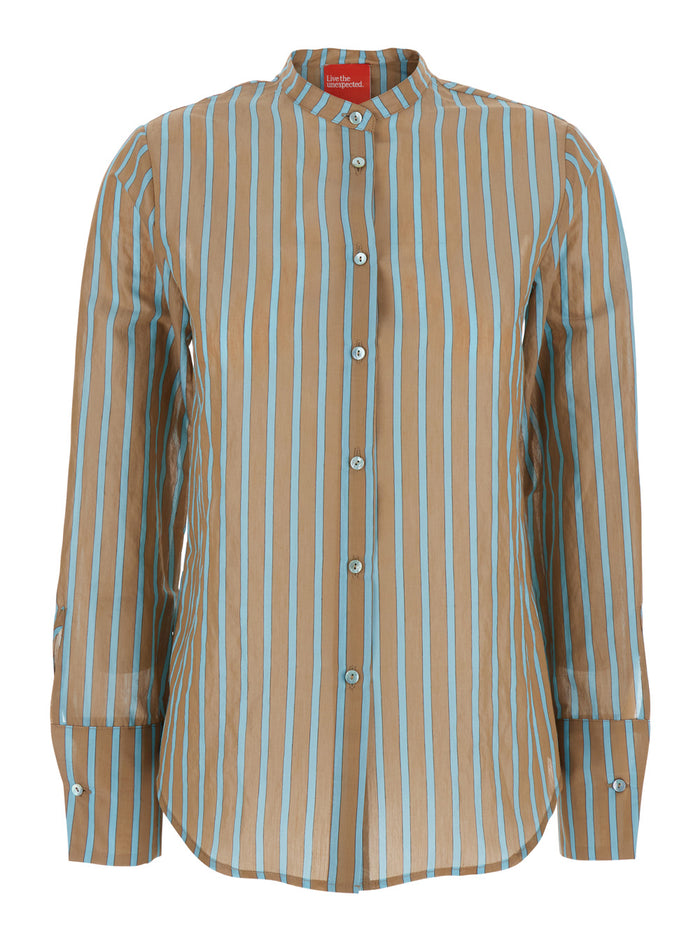 Brown Shirt With Mandarin Collar And All-Over Striped Motif Cotton Stretch Woman 28 % Spandex Blouses