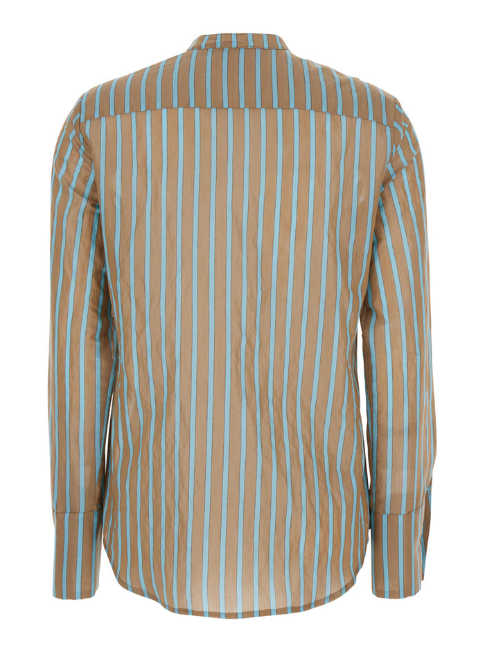 Brown Shirt With Mandarin Collar And All-Over Striped Motif Cotton Stretch Woman 28 % Spandex Blouses