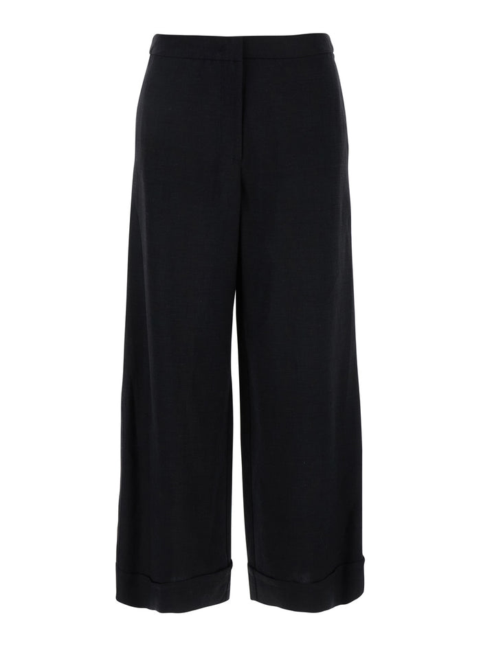 Black Pants With Hidden Front Closure And Turn-Up Edges Fabric Woman Trousers
