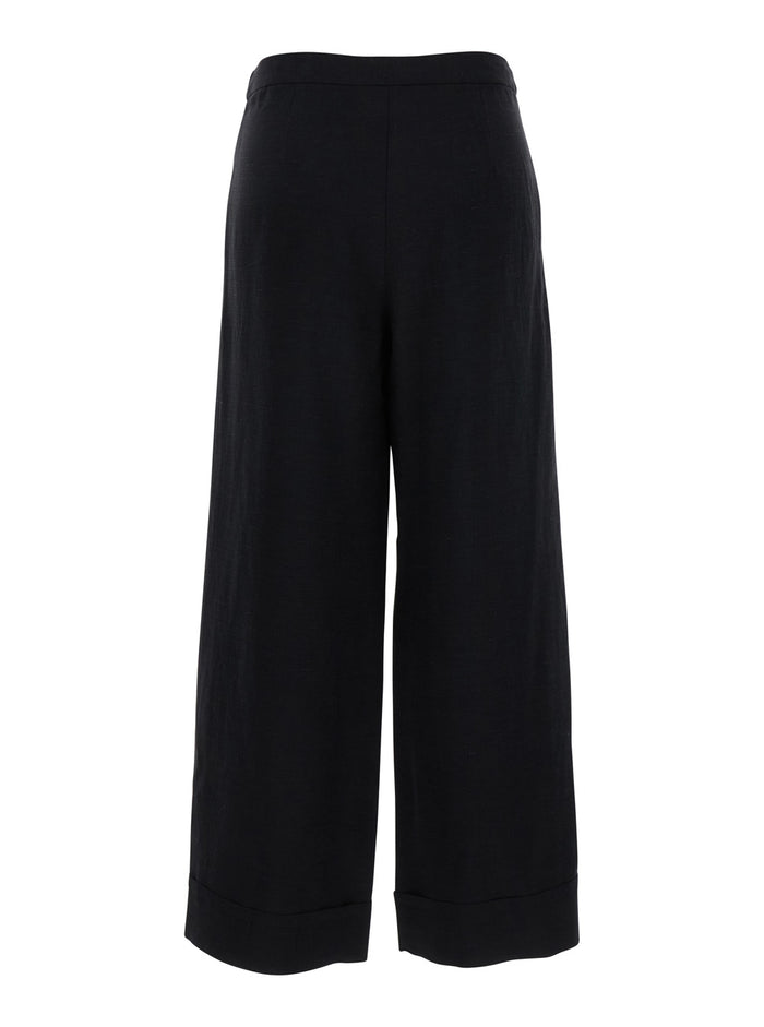 Black Pants With Hidden Front Closure And Turn-Up Edges Fabric Woman Trousers